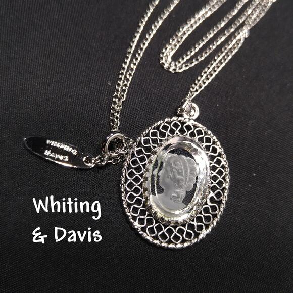 Whiting Davis Crystal Etched Cameo Pendant Necklace, Rhodium Plated, Book Piece - Picture 1 of 10